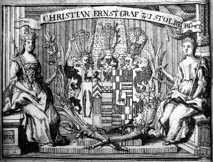 Illustrated armorial bookplate of Christian Ernst Graf zu Stolberg Wernigerode